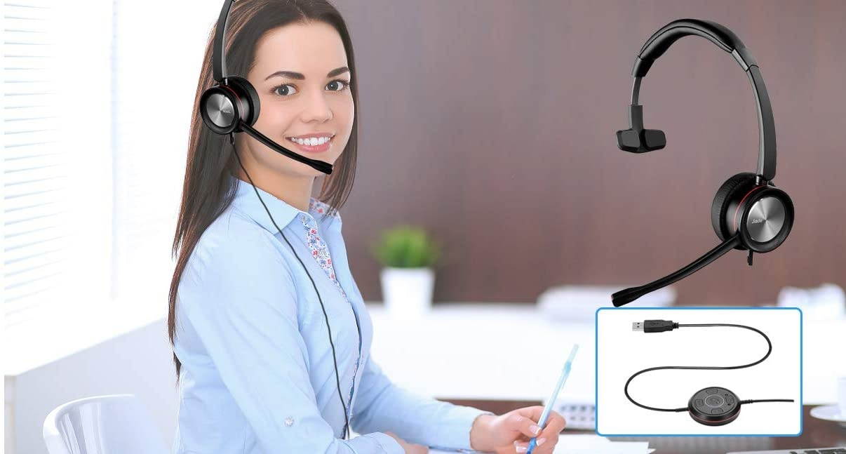 Jiade USB Headset for Call Center Skype ChatComputer Phone Headset with Noise Cancelling mic Voice Recognition Comfortable Speech DictationPC Headphone with Mic Mute Volume Control