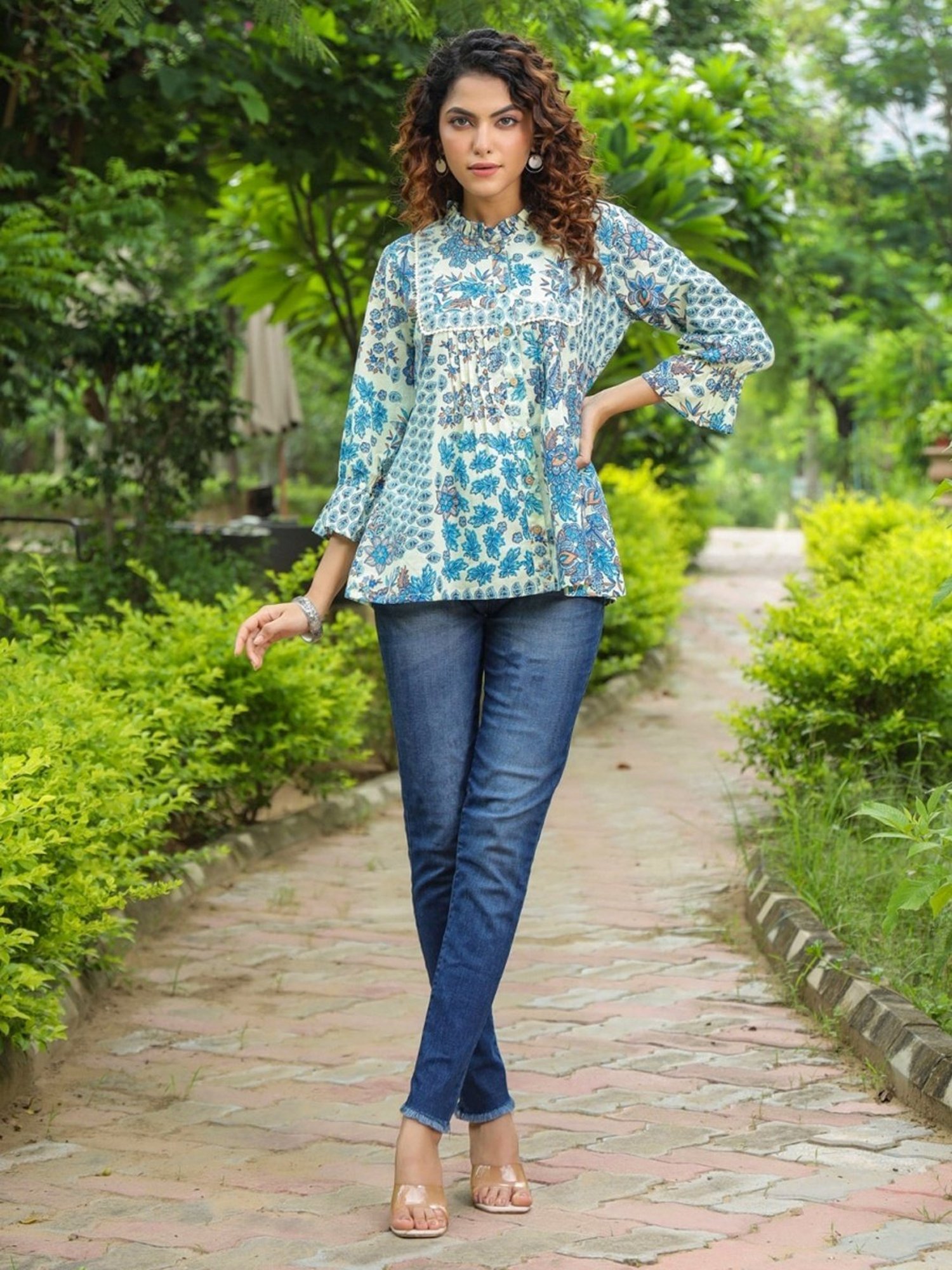 Rain and Rainbow Blue Cotton Floral Print Top