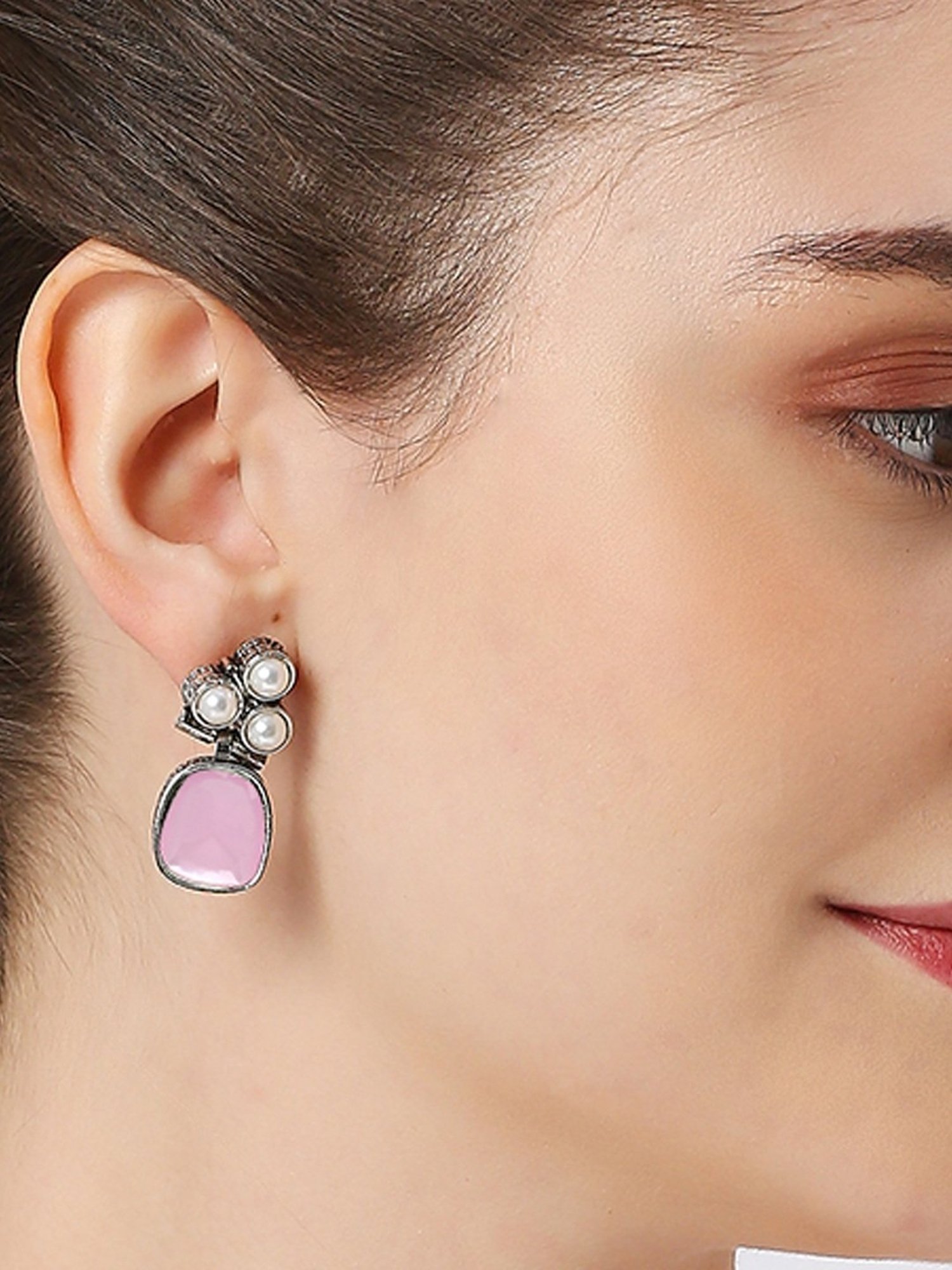 Oomph Jewellery Oxidized Silver Small Ethnic Pink Opal Moonstone Drop Earrings