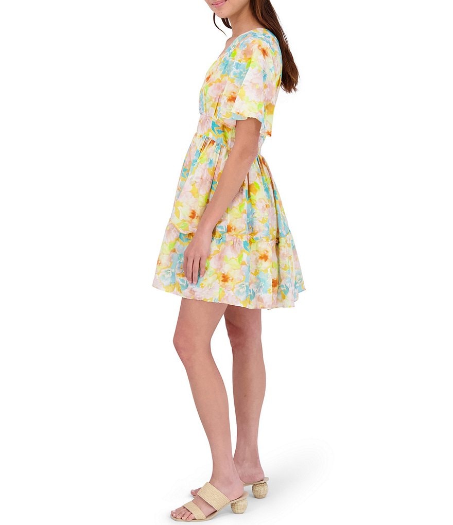 Roller Rabbit Sandria Cecilia V-Neck Flounce Short Sleeve Watercolor Pattern Print Dress