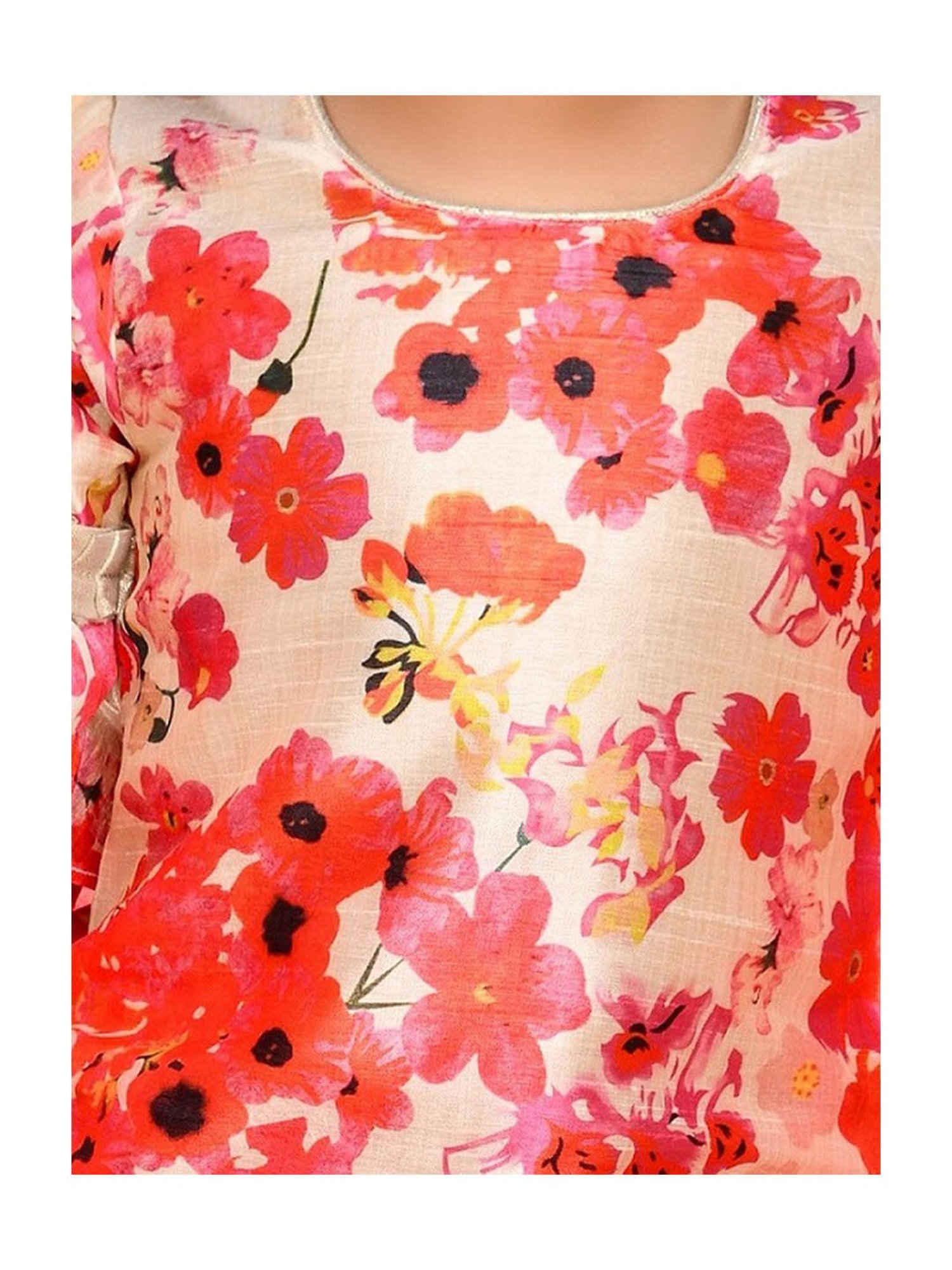 Saka Designs Kids Pink & Ivory Floral Print Kurta with Sharara & Dupatta