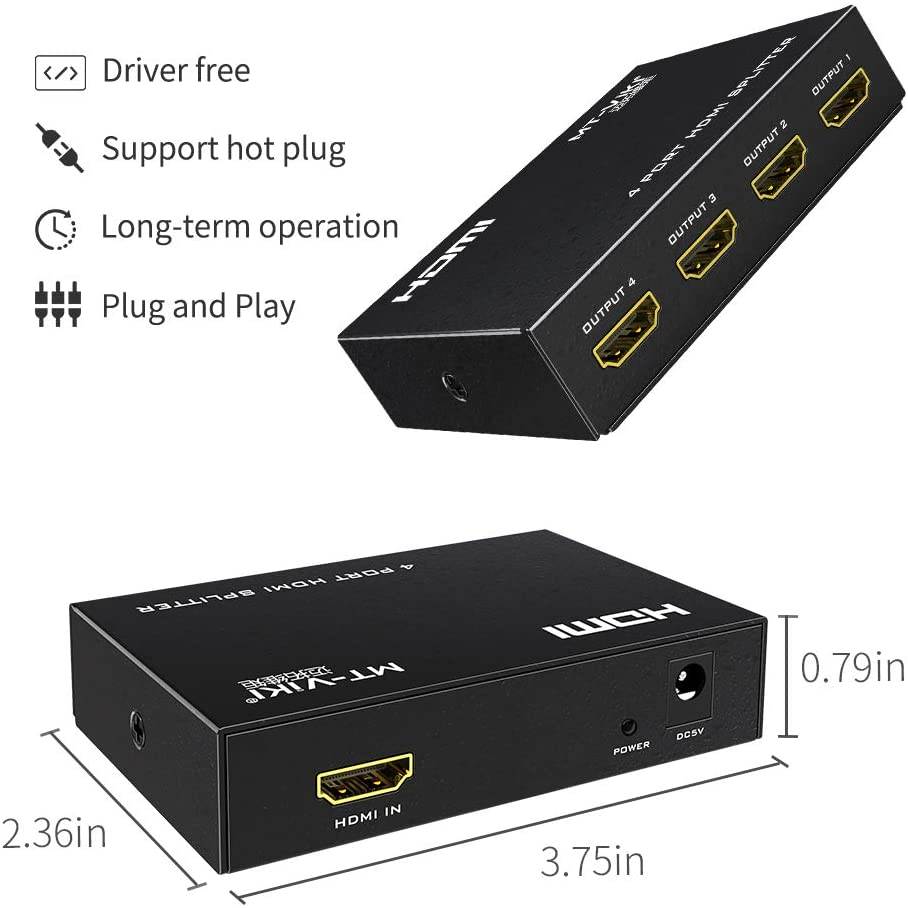 1x4 HDMI Splitter 1 in 4 Out 4 Ports, SP104 4Kx2K@30Hz 3D Full HD 1080P Distributor for PS4 PS3 Fire Stick TV HDTV DVD Computer Monitor