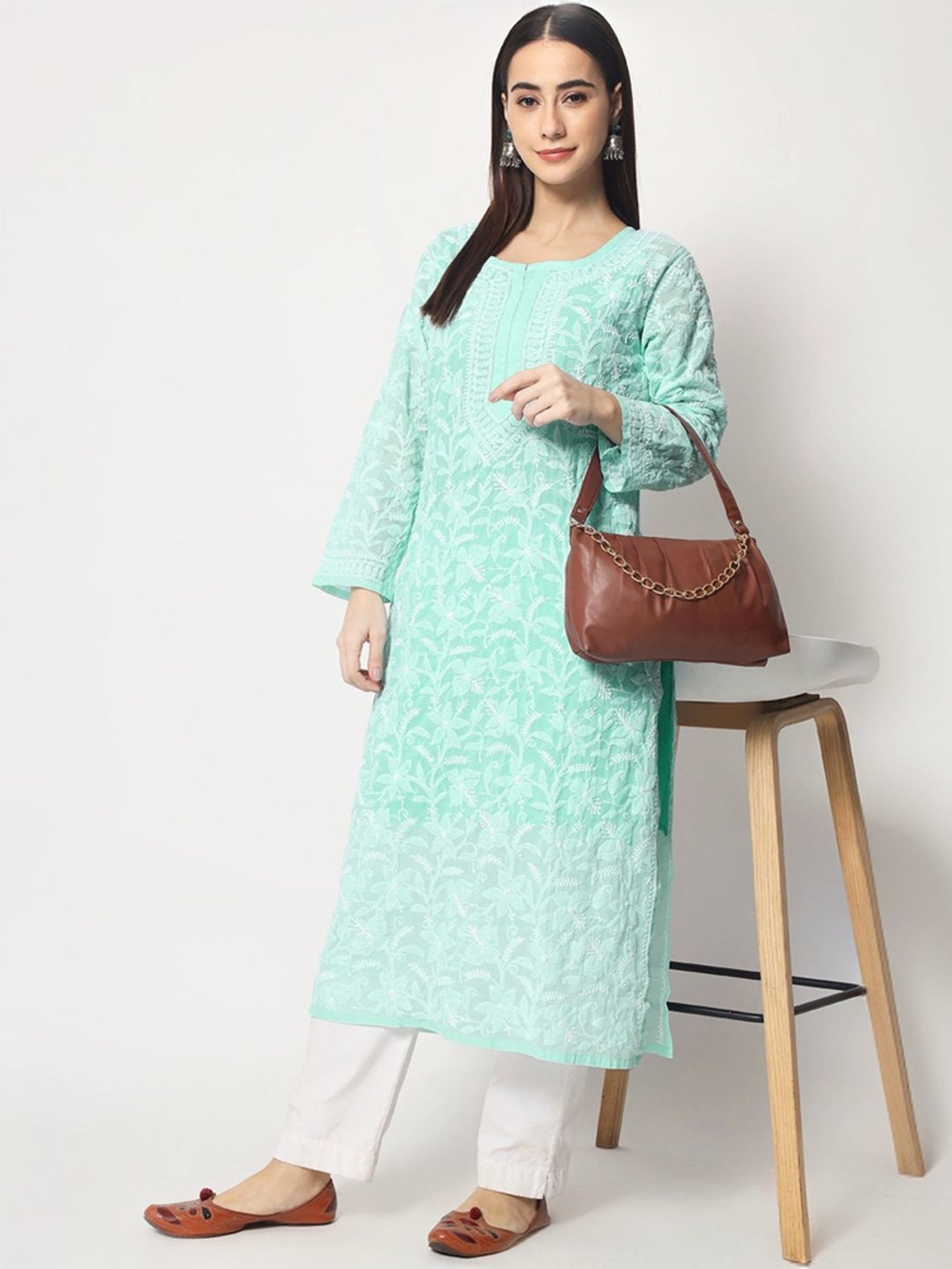 PARAMOUNT CHIKAN Aqua Blue Cotton Hand Embroidered Chikankari Straight Kurta