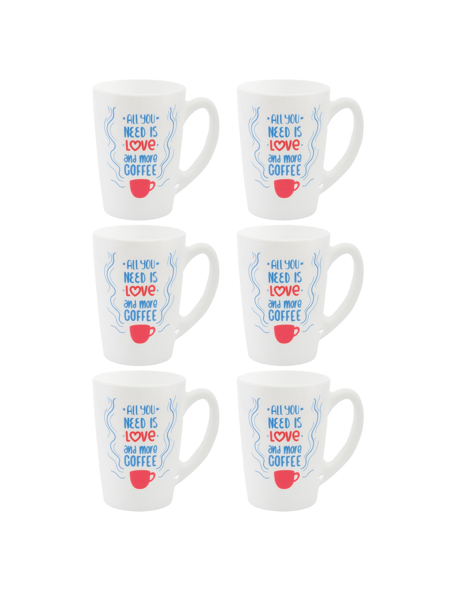 Luminarc Printed White Opalware Large Coffee Mug - Set of 6 (320ml)