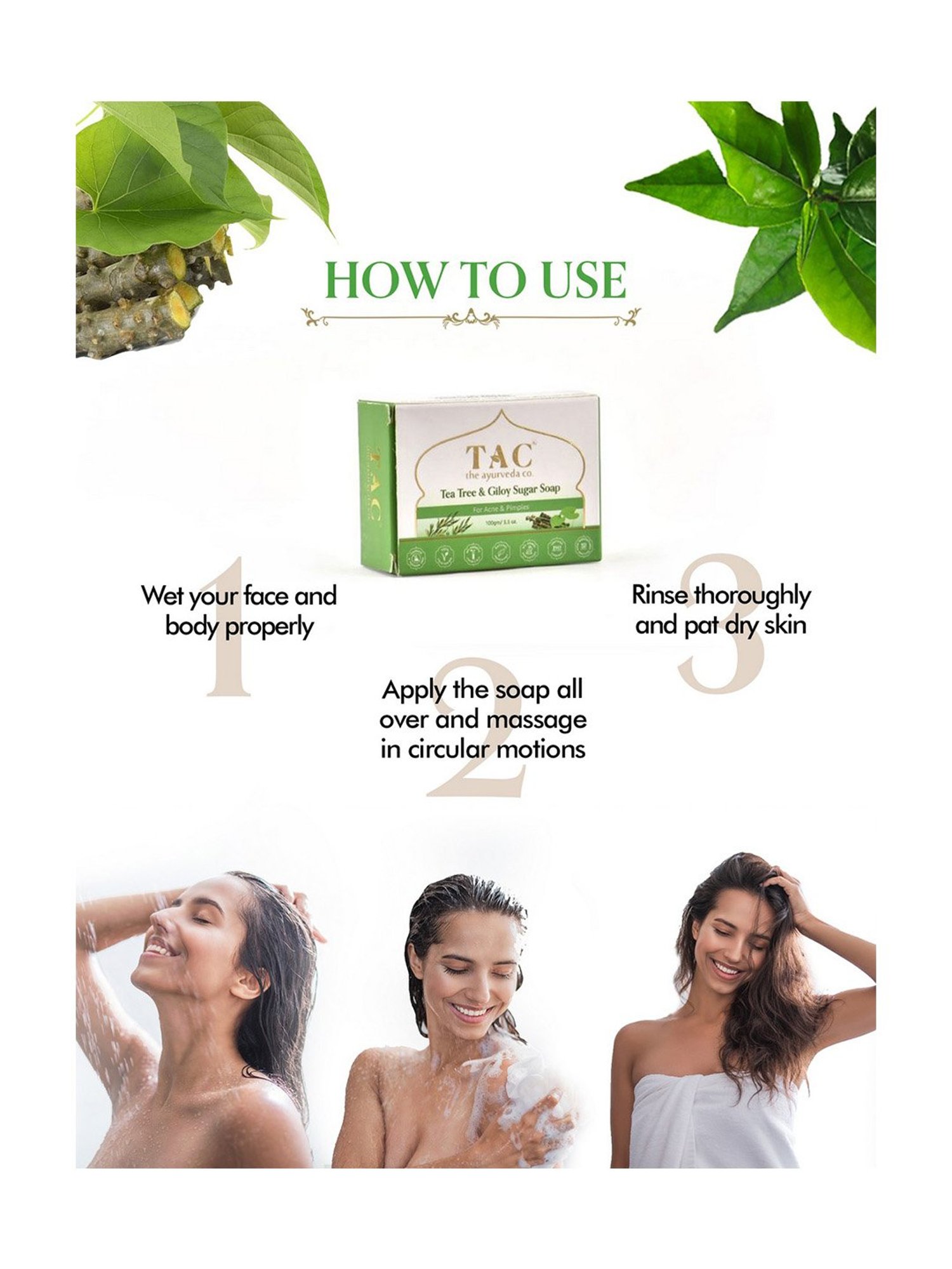 TAC - The Ayurveda Co. Green Neem Soap for Men & Women For Skin Whitening with Tea Tree - Pack of 3