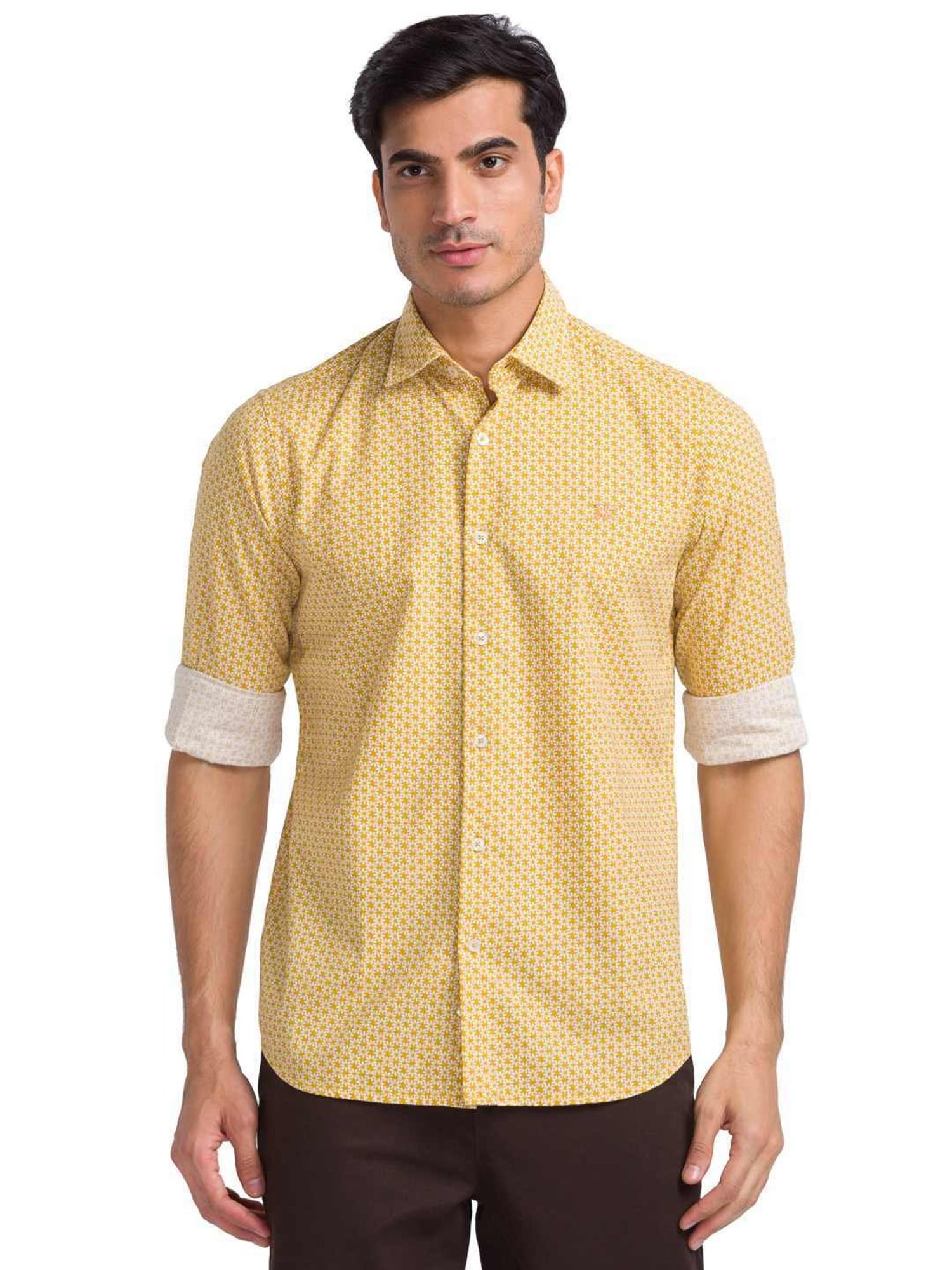 ColorPlus Yellow Pure Cotton Tailored Fit Printed Shirt
