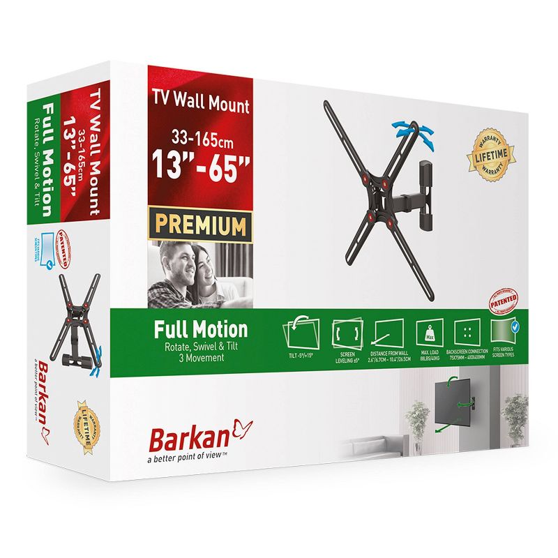 Barkan 13 - 65" Full Motion - 3 Movement Flat / Curved TV Wall Mount Black