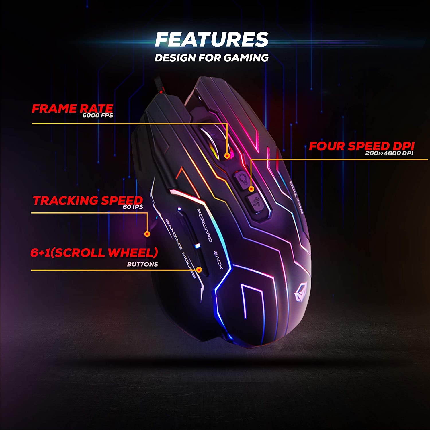 Meetion Gaming Mouse Lightweight with 6 Buttons 200-4800 DPI 3D Anti-Slip Roller Computer Mice RGB Gamer Desktop Laptop PC Gaming Mouse