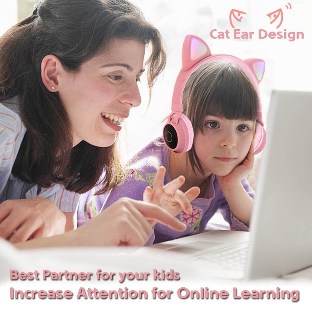 Cat Ear LED Bluetooth Headphone Bluetooth 5.0 Kids Headphones Glowing Light Handsfree Headset Gaming Earphones for PC