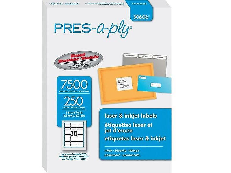 PRES-a-ply Laser Address Labels 1 x 2 5/8 White 7500/Box 30606