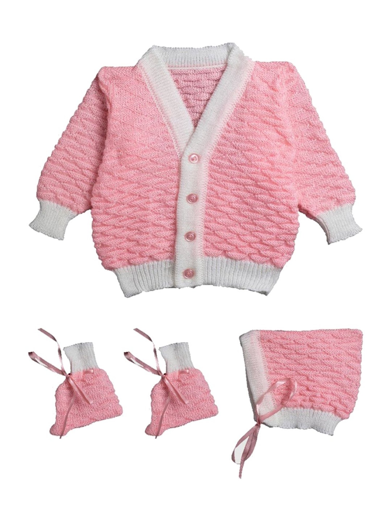 Little Angels Kids Pink & White Textured Pattern Full Sleeves Sweater Set