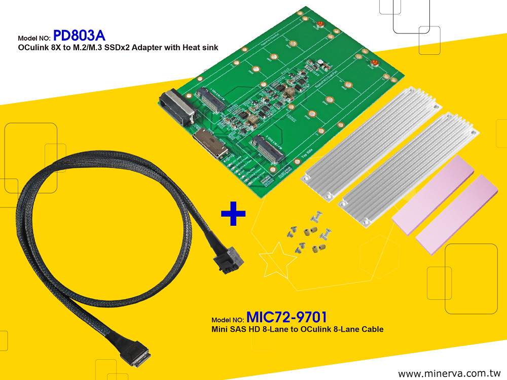 PD803A - OCulink 8-Lane (SFF-8612 8i) to M.2 NVMe SSD for Tri-Mode HBA 9400-16i with Mini SAS HD 8-Lane (SFF-8643 8x) to OCulink 8-Lane Cable KIT