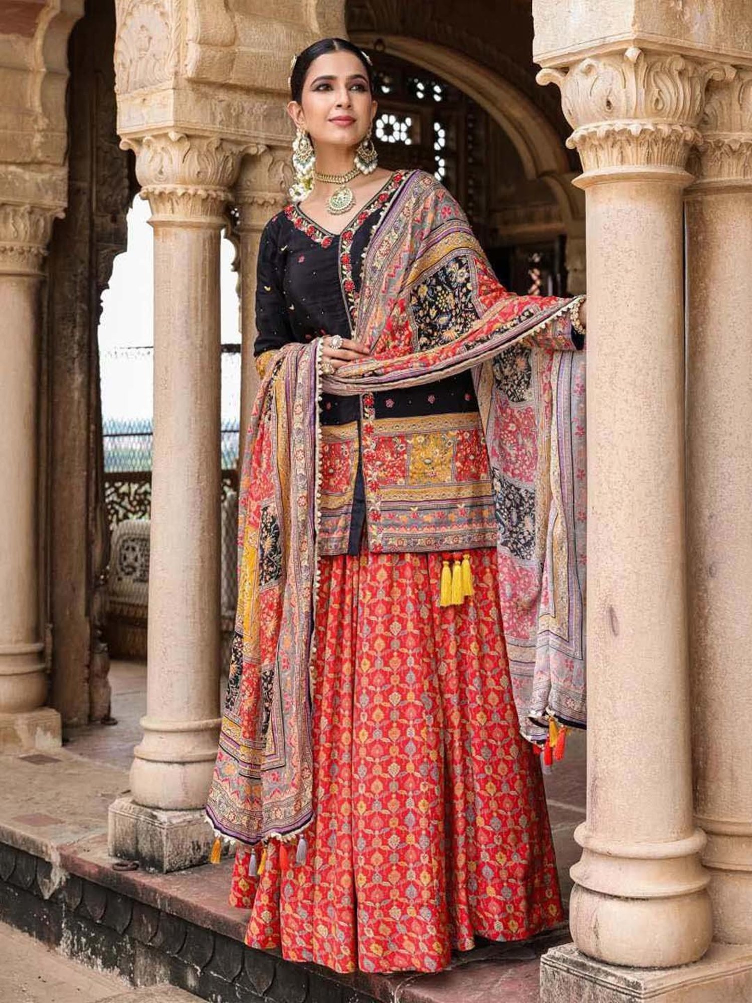 SCAKHI Black & Orange Printed Lehenga Choli Set With Dupatta