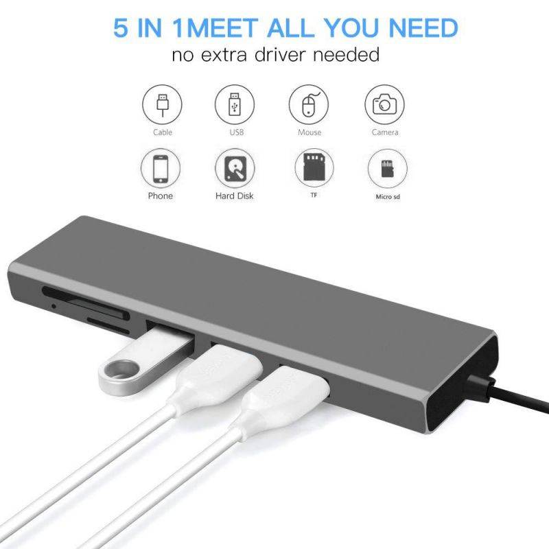 USB 3.0 Hub Ultra Slim 3-Port Aluminum Hub with 2-Slot SD/TF Card Reader Combo, 5 in 1 Superspeed USB 3.0 Hub for MacBook Pro 13/15, iMac, Mac Pro/Mini, Surface Pro, PCs and More - Gray