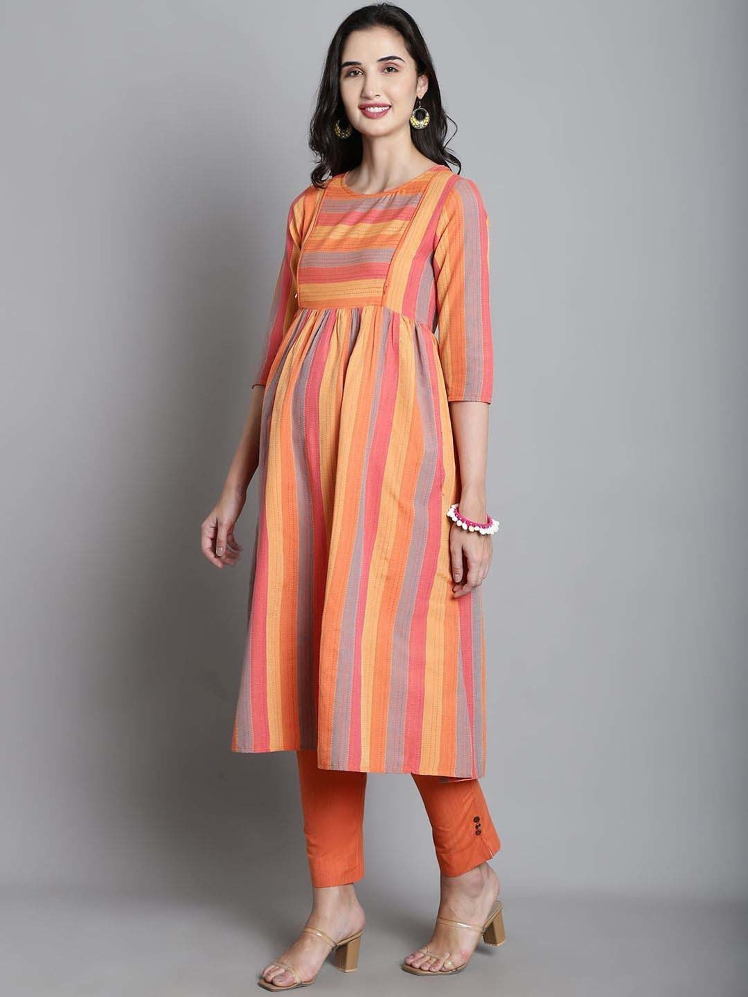 Moms Maternity Orange Cotton Striped Maternity Kurta Pants Set