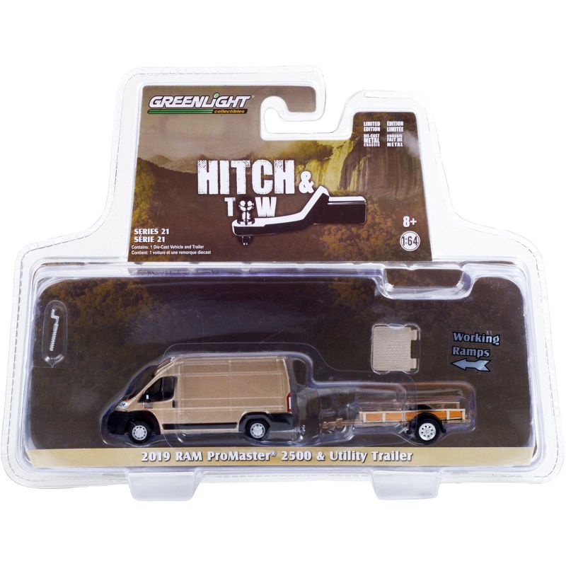 2019 Ram ProMaster 2500 Cargo Van Brown Met. & Flatbed Utility Trailer "Hitch & Tow" 1/64 Diecast Model Car by Greenlight