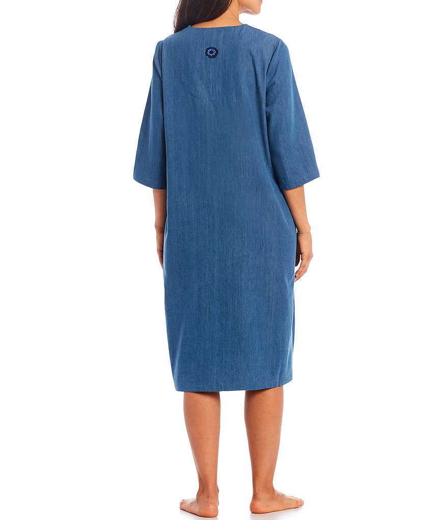 Go Softly Embellished Embroidered V-Neck 3/4 Sleeve Denim Caftan