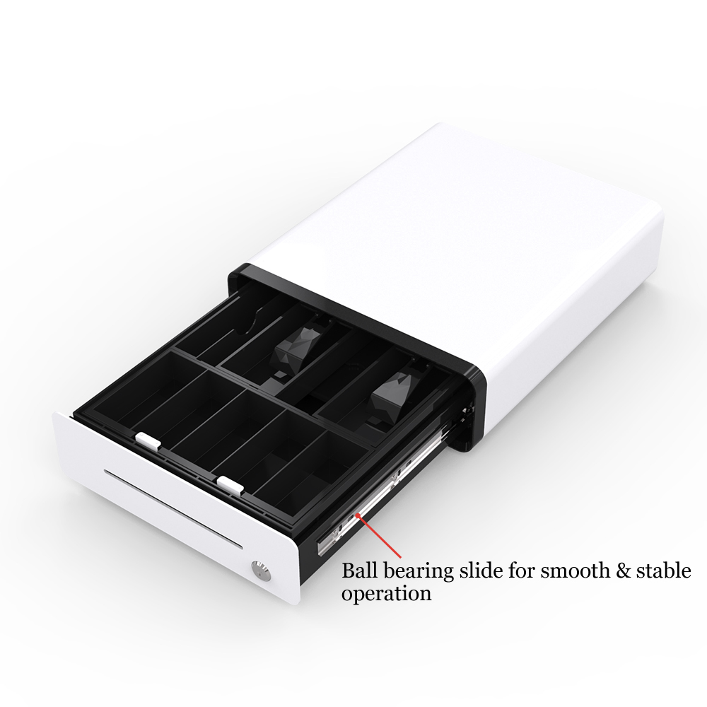 Beelta Mini Cash Register Drawer 13&rdquo; for Point of Sale (POS) System with Fully Removable Cash Tray, 5 Bill slots / 5 Coin slots, 24V, RJ11/RJ12 Key-Lock, Media Slot, SPCC, White