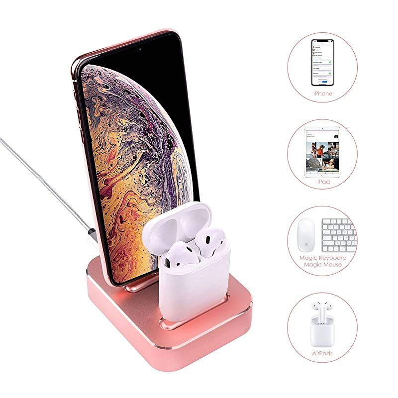 Charging Stand Compatible with iPhone 11/XS/8/8Plus/7/iPad/Airpods1/2/Airpods pro, Aluminum Alloy Built-in USB Cell Phone Charger Stations, Dual Charger Station, Mobile Phone Holder (Silver)