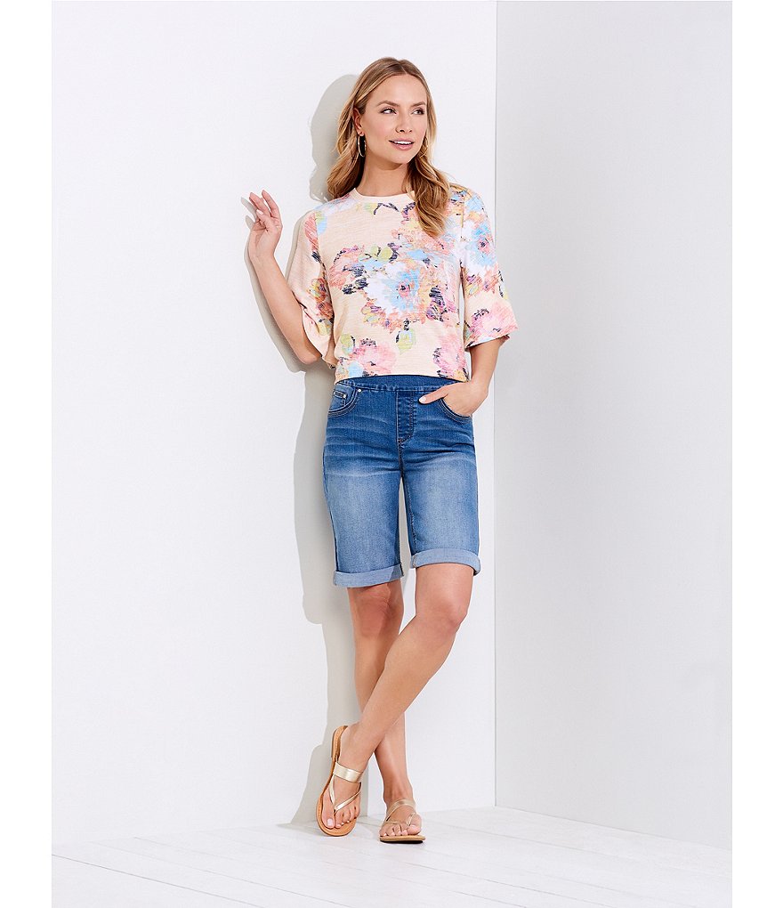 Westbound Petite Size Painterly Flower Print Flounce Sleeve Top