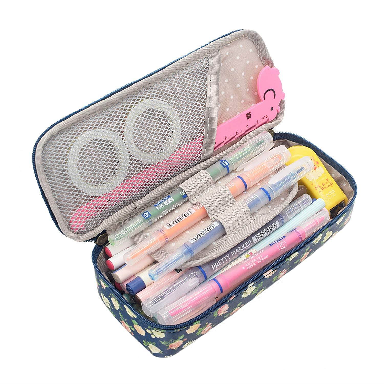 Pencil Case, Twinkle Club Cute Pen Case Zipper Bag Office Organizer Rose Floral Makeup Pouch, Cyan