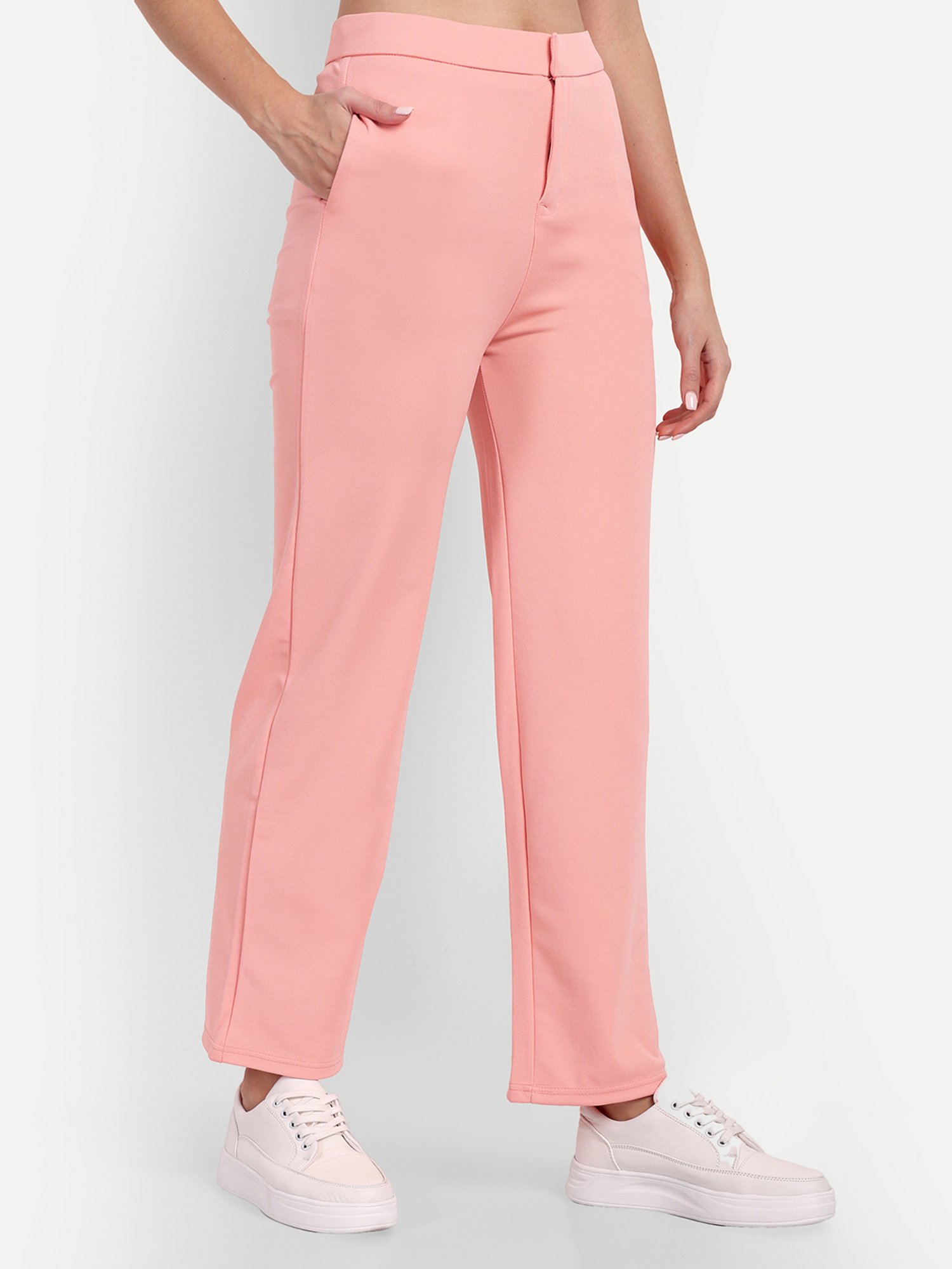 Broadstar Pink Viscose Rayon Straight Fit High Rise Trousers