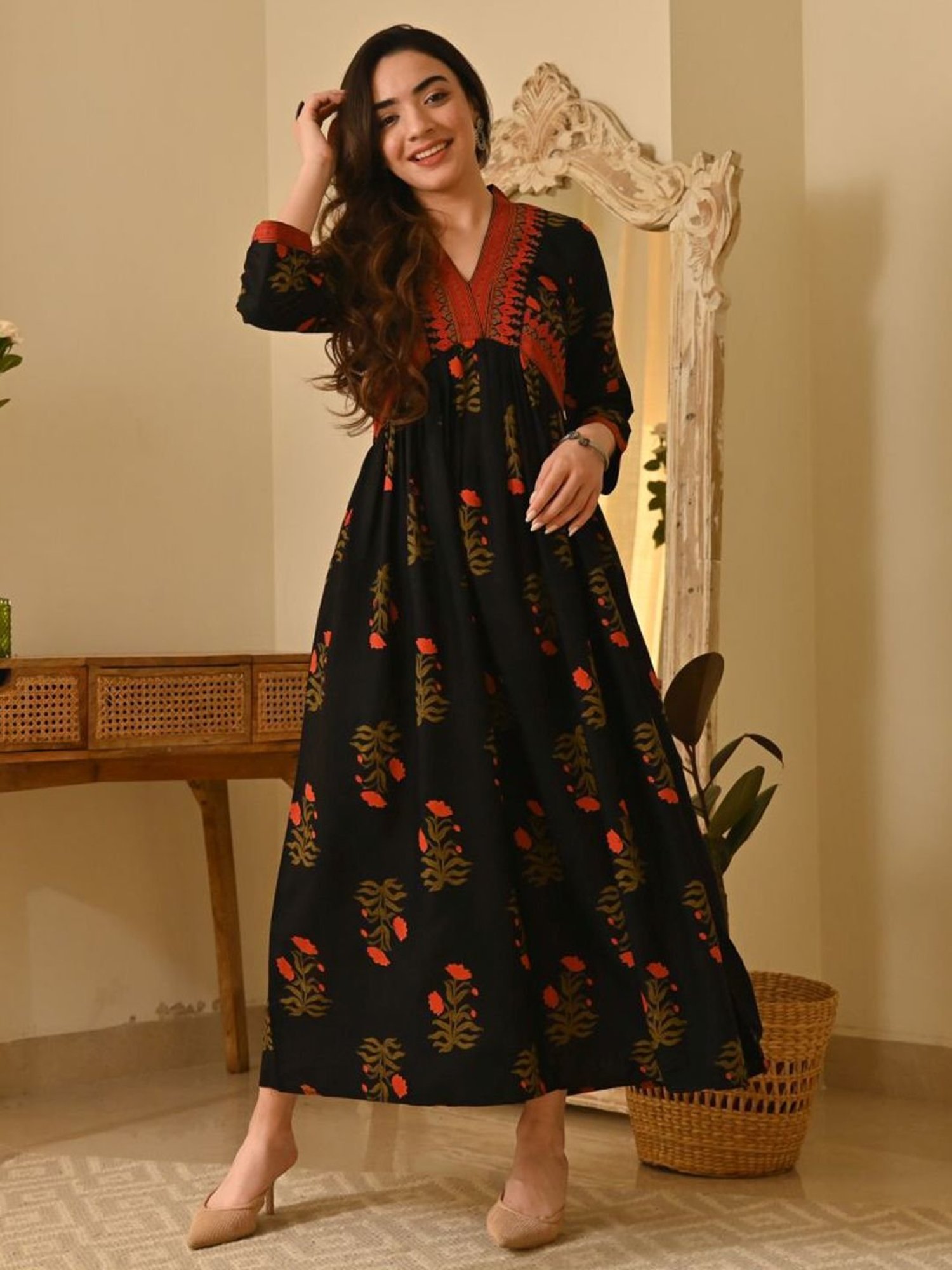 Rustorange Black Printed A-Line Dress