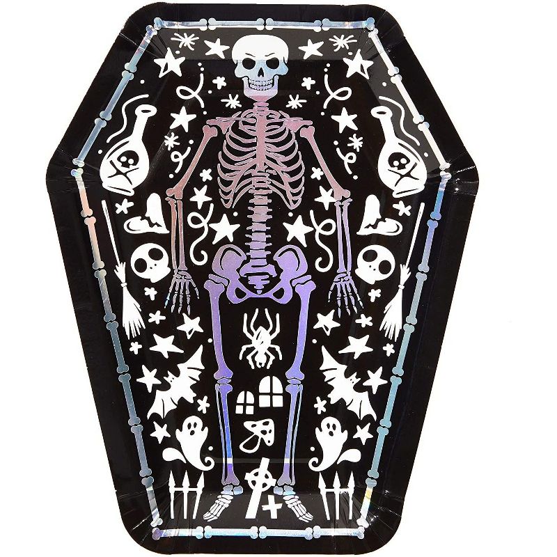 Spooky Central 48 Pack Skeleton Coffin Paper Plates, Black Halloween Party Supplies (9 In)