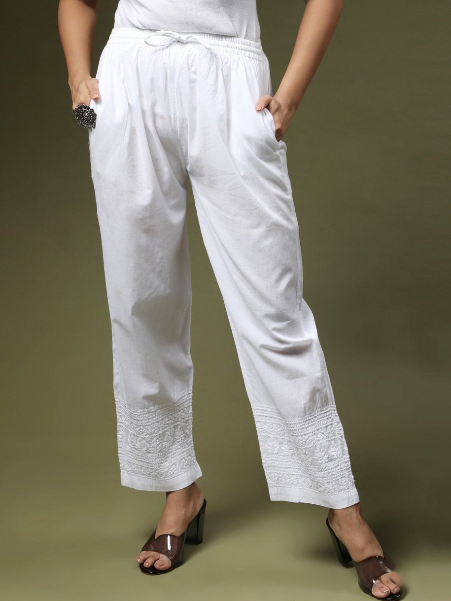House Of Kari HOK Chikankari Cotton White Pant Trouser