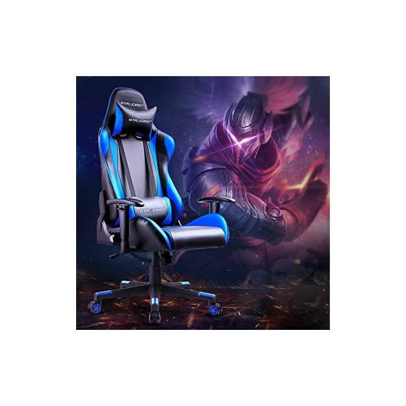 Gaming Chair Racing Office Computer Game Desk Chair Ergonomic Backrest and Seat Height Adjustment Swivel Rocker with Headrest and Lumbar Pillow E-Sports Chair Black (Blue)