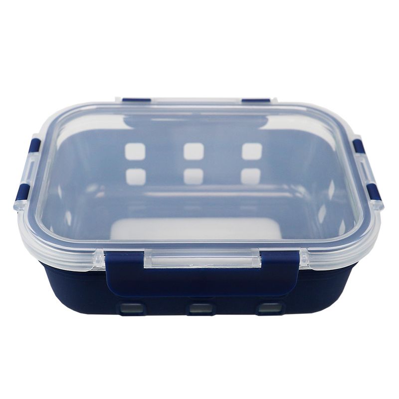 Michael Graves Design Rectangle Large 35 Ounce High Borosilicate Glass Food Storage Container with Plastic Lid, Indigo