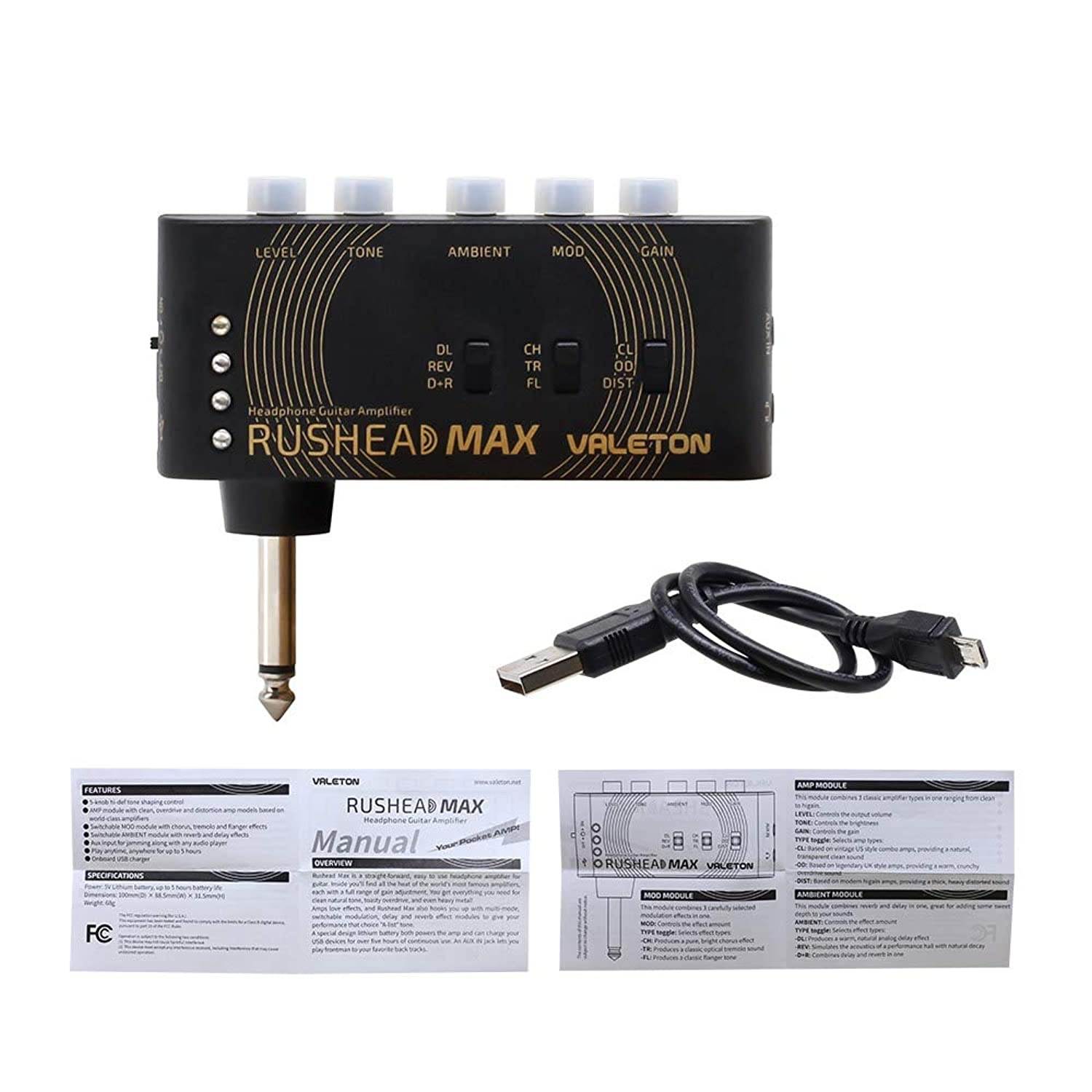 Valeton Rushead Max USB Chargable Portable Pocket Guitar Bass Headphone Amp Carry-On Bedroom Plug-In Multi-Effects