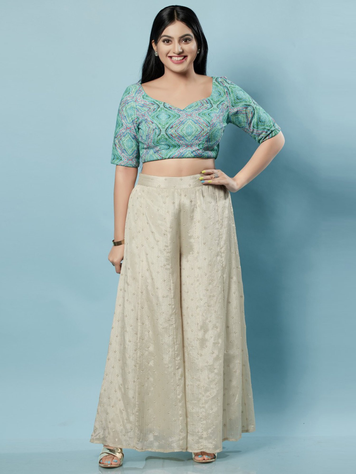 Salwar Studio Aqua Blue Embroidered Half Sleeves Readymade Blouse
