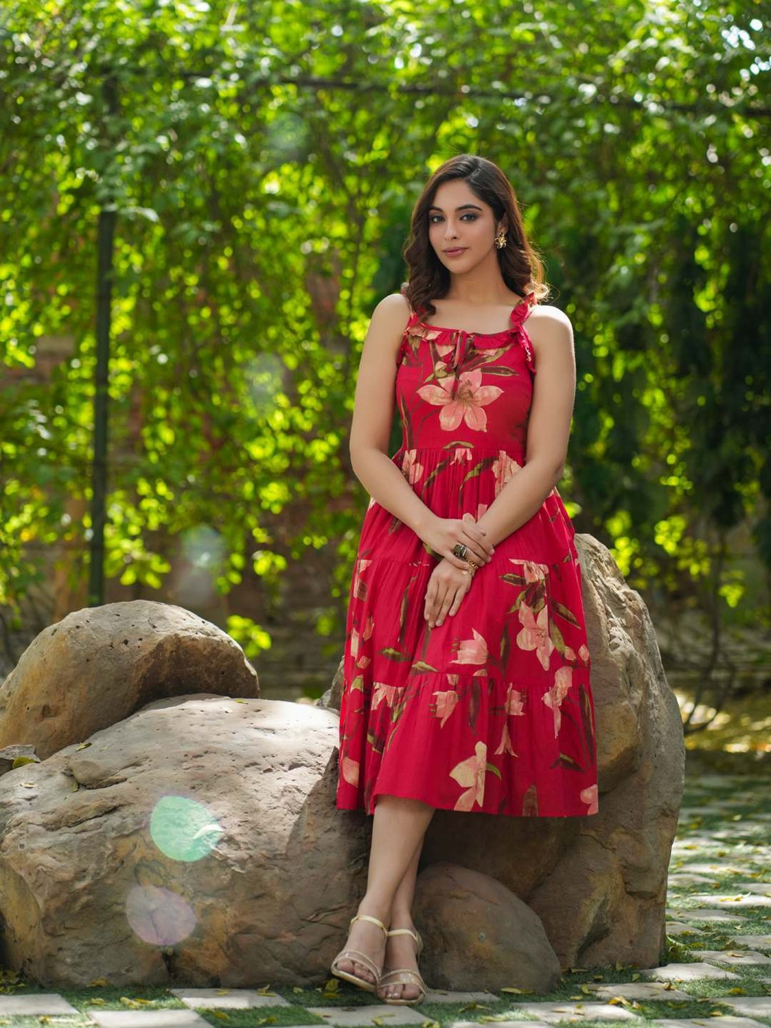 Rain and Rainbow Red Cotton Floral Print A-Line Dress