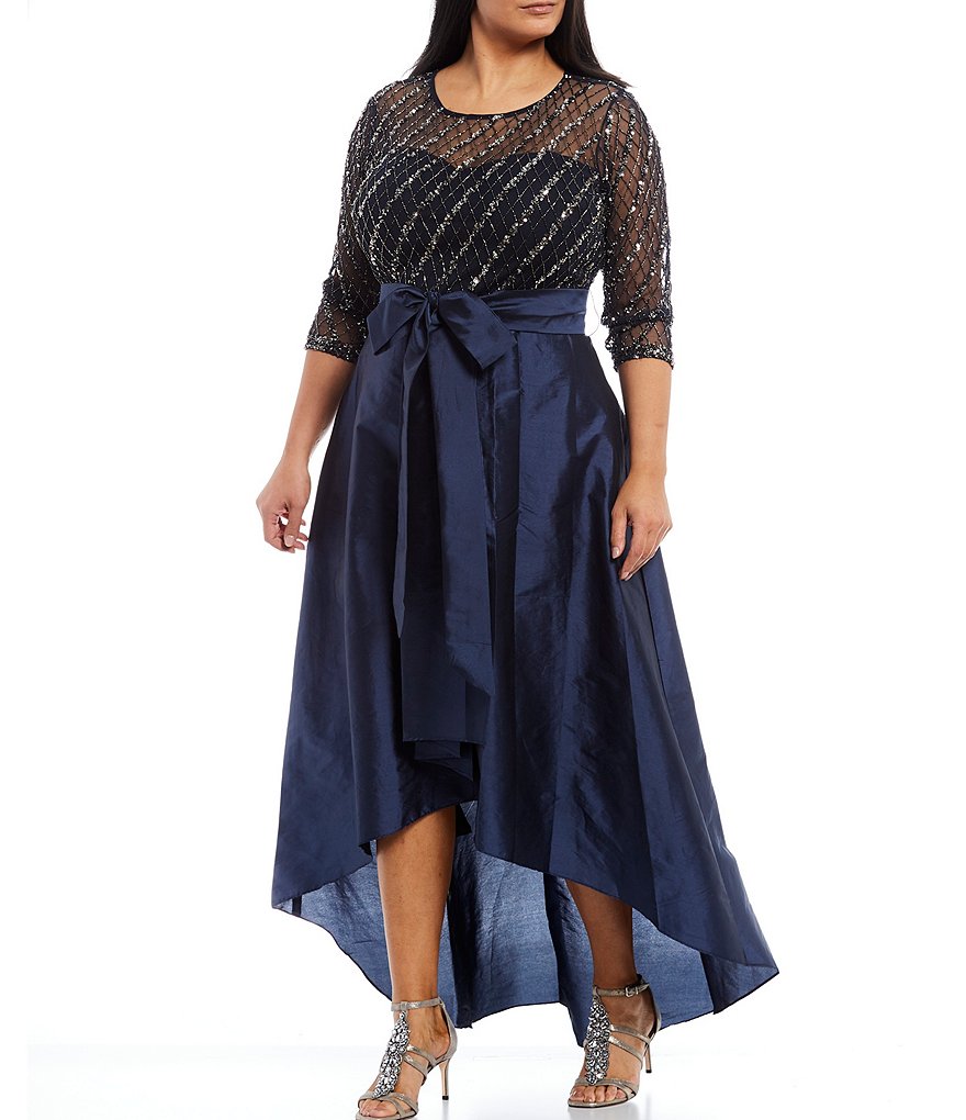 Pisarro Nights Plus Size Beaded 3/4 Sleeve Illusion Boat Neck Dress