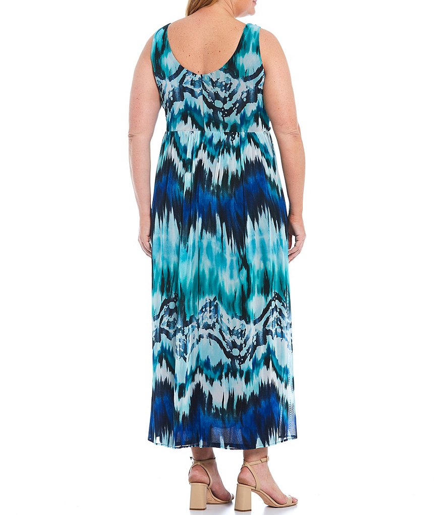 R & M Richards Plus Size Sleeveless V-Neck Tie Dye Printed Midi Dress