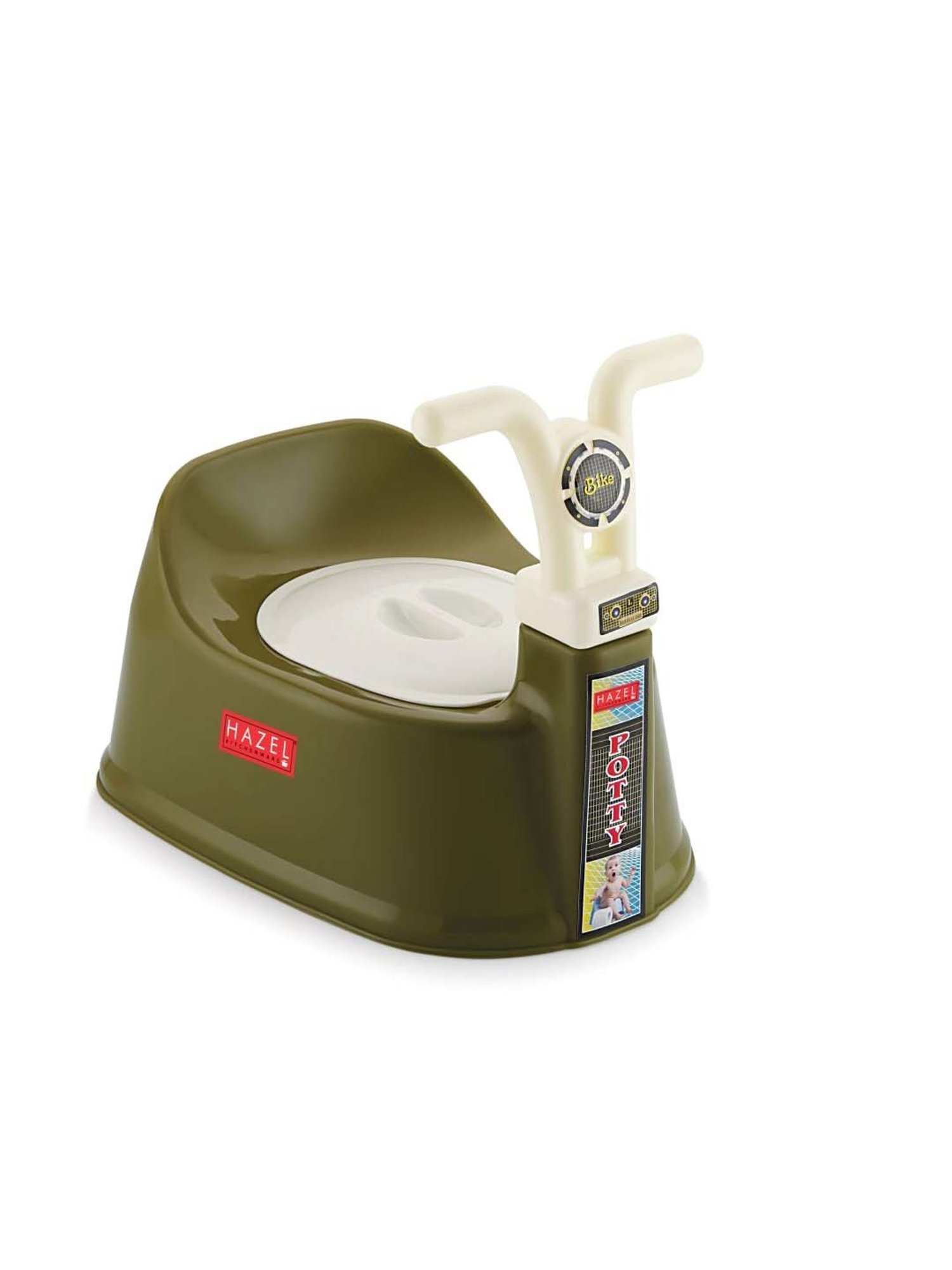 HAZEL Olive Green & White Plastic Bike-Shaped Baby Toilet Chair With Closing Lid