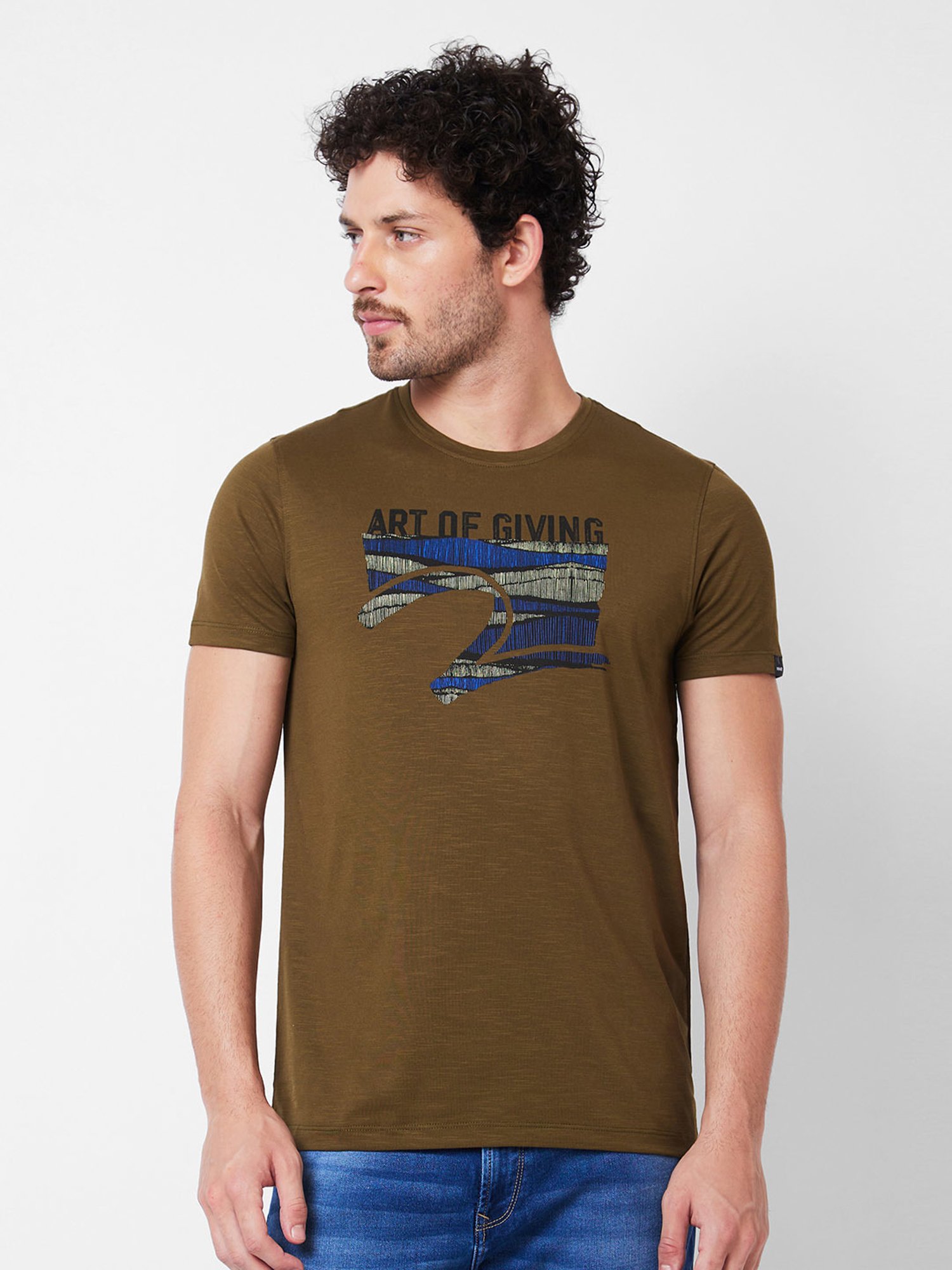 Spykar Olive Slim Fit Graphic Print Crew T-Shirt