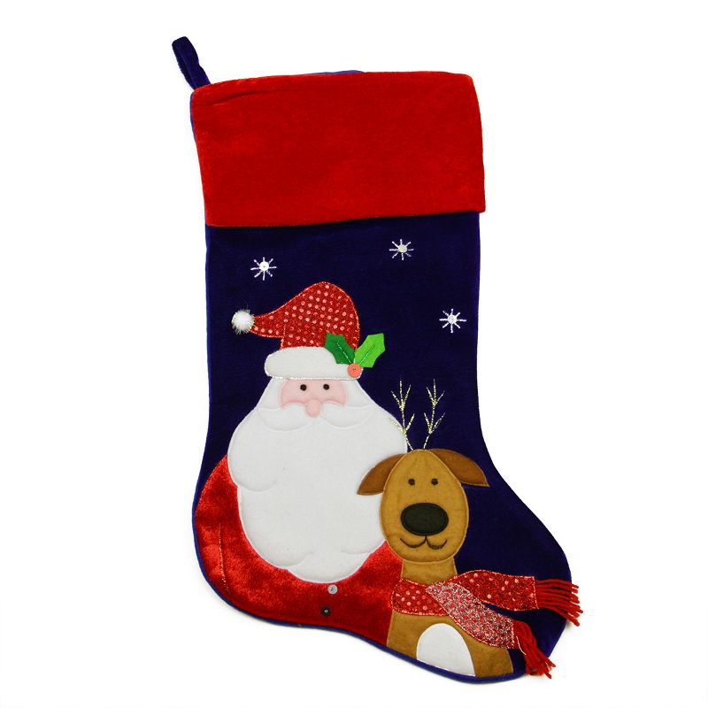 Northlight 24" Large Dark Blue Velveteen Santa Claus and Reindeer Christmas Stocking with Red Cuff