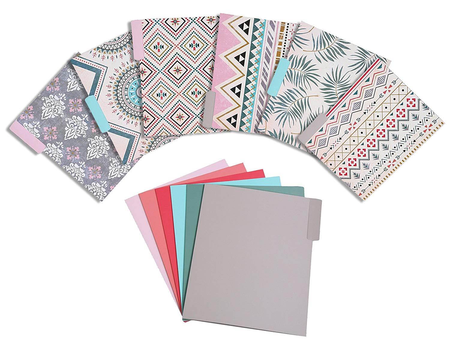 Decorative File Folders - 12-Count Colored File Folders Letter Size, 1/3-Cut Tabs, Includes 6 Cute Bohemian Tribal Design and 6 Solid Colors, Office Supplies File Filing Organizers, 9.5 x 11.5 Inches