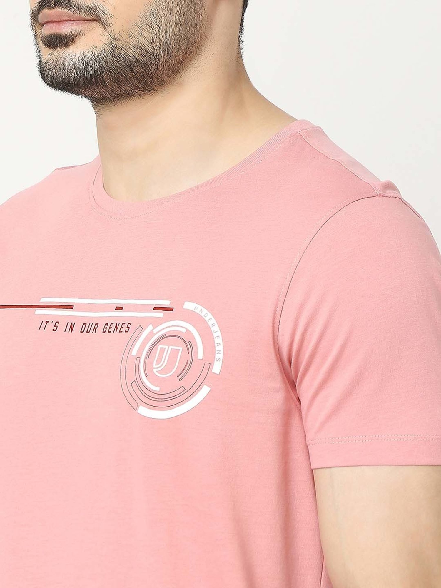 UnderJeans by Spykar Pink Regular Fit Printed Cotton Crew T-Shirt