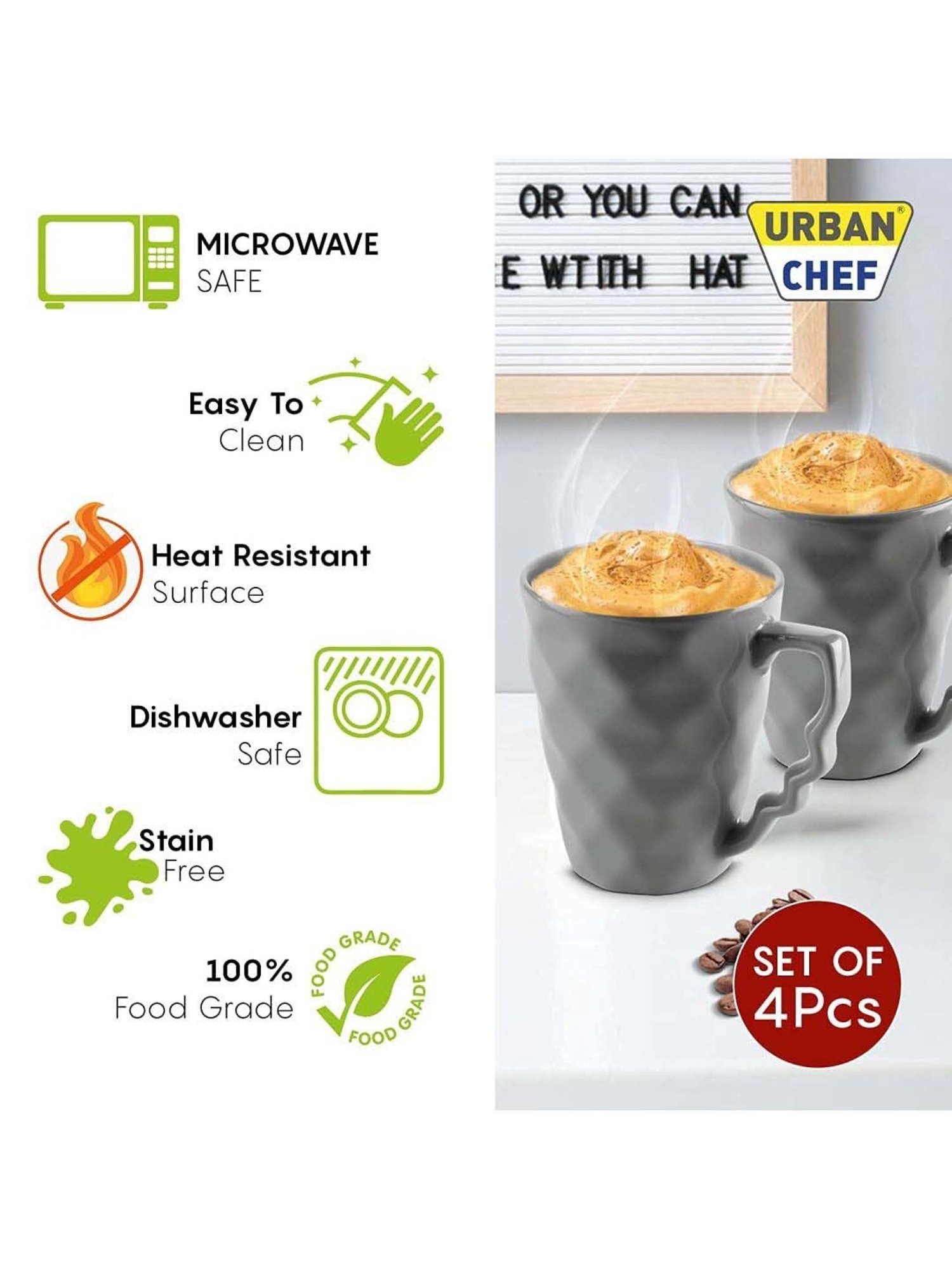 Urban Chef Grey & Brown Ceramic Microwave Safe Coffee Mug (0.225 L) - Set of 4