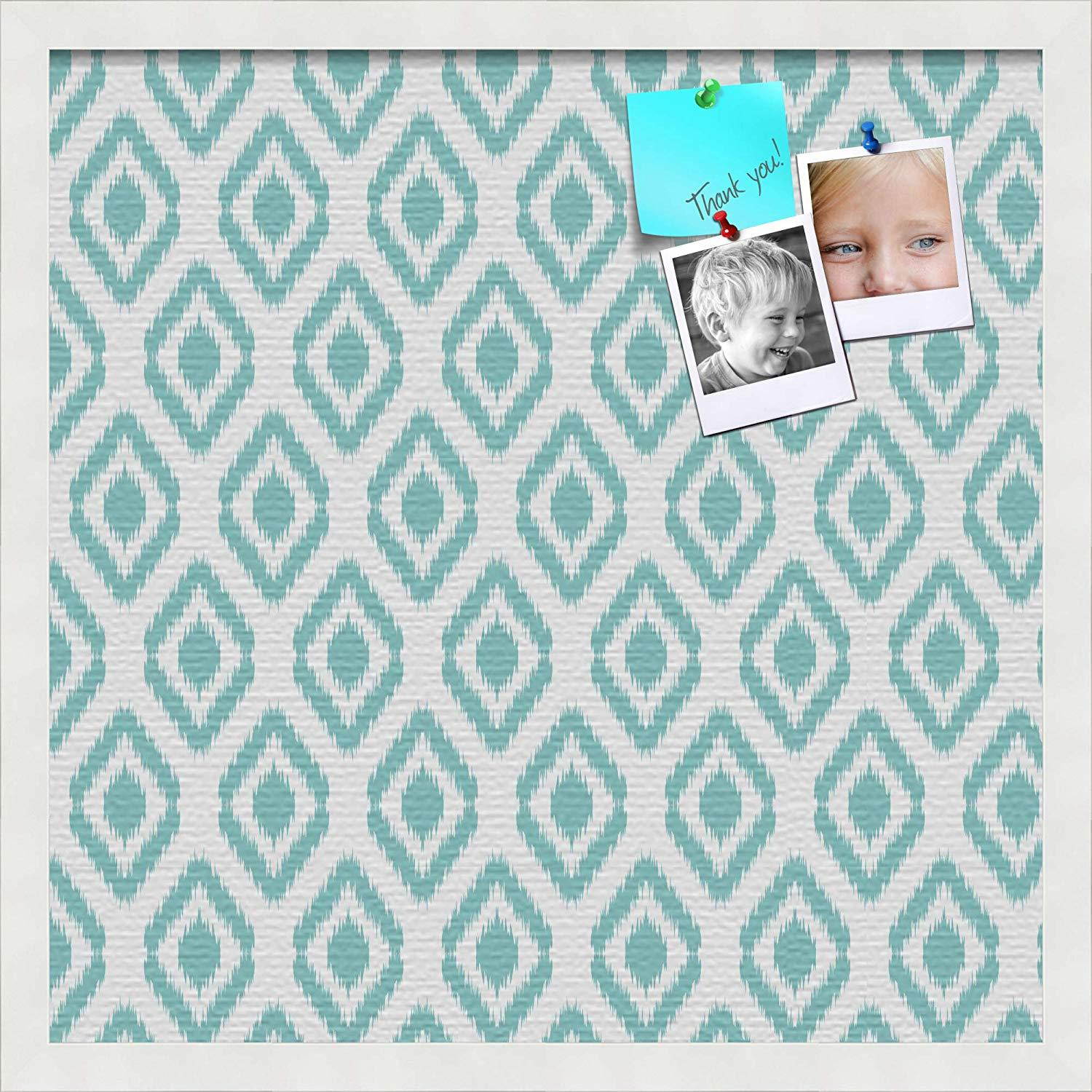 PinPix pin Cork Bulletin Board Made from Canvas, Ikat Aqua 20x20 Inches (Completed Size) and Framed in Satin White Frame (PinPix-1630-20x20_FRBW26074)