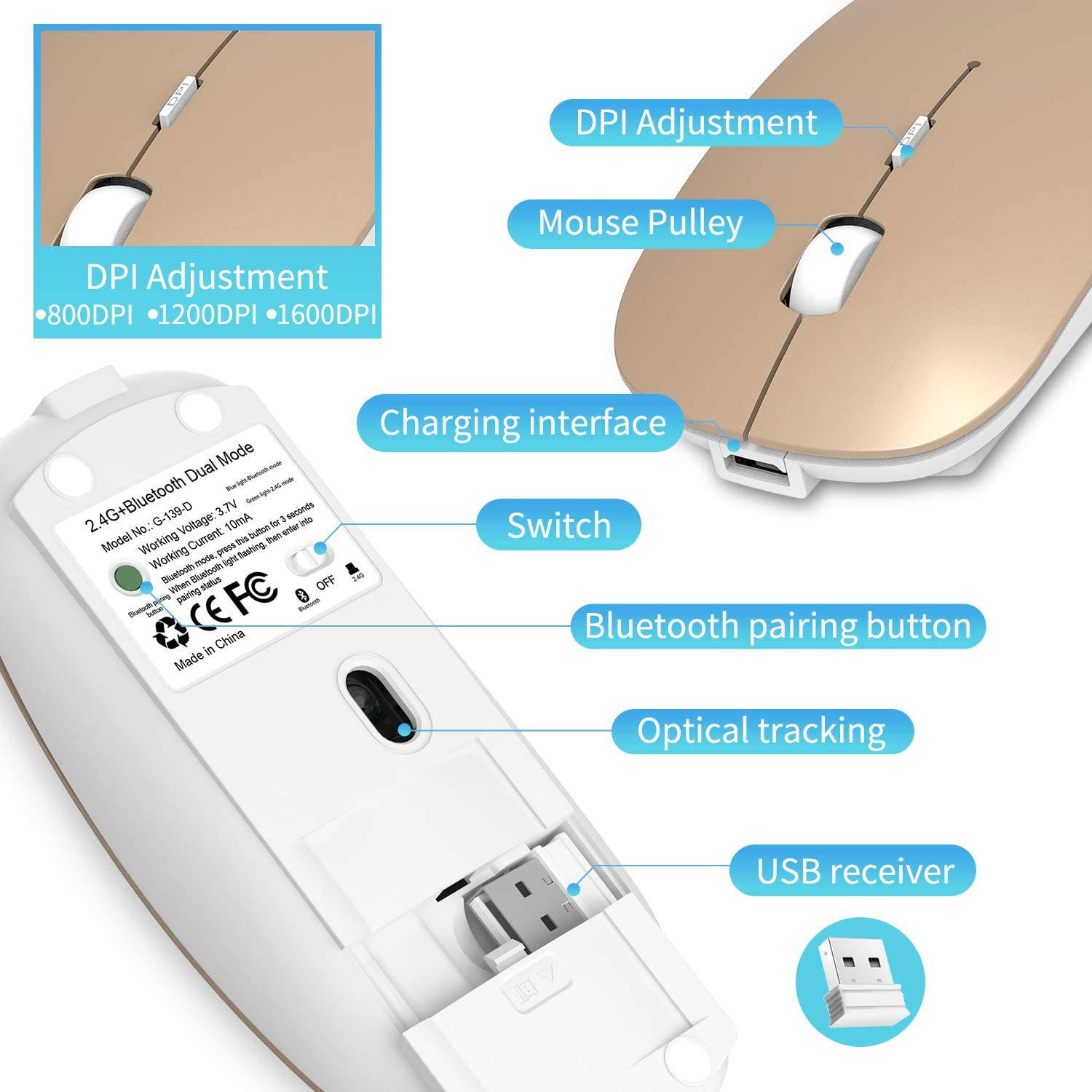 2.4GHz Wireless Bluetooth Mouse, 3 Adjustable DPI, Dual Mode Slim Rechargeable Wireless Mouse Silent USB Mice,Compatible for Laptop Windows Mac Android MAC PC Computer (Silver)