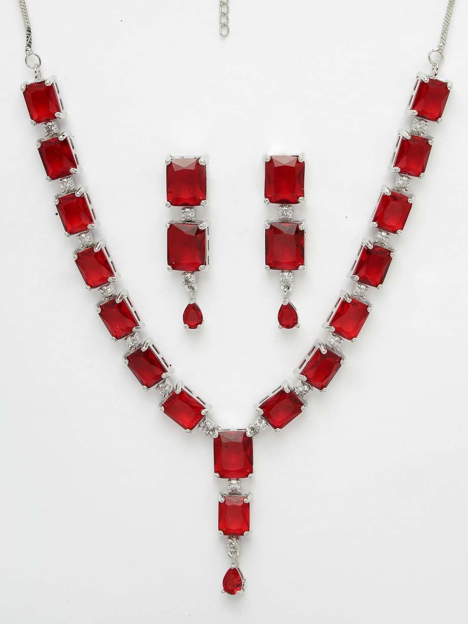NVR Silver Plated & Maroon CZ Stone Handcrafted Jewellery Set for Women