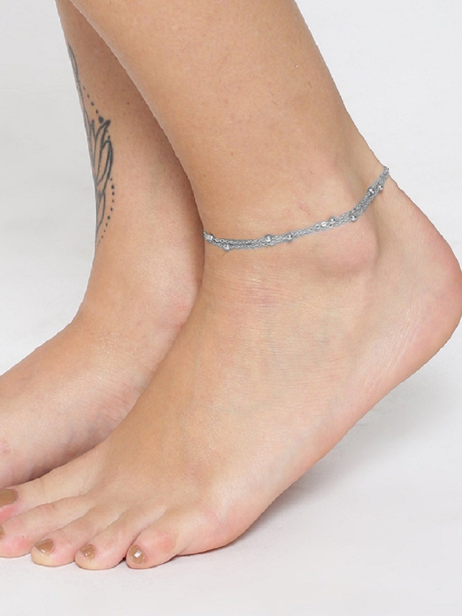 OOMPH Silver Beads Multi Layered Fashion Stylish Latest Anklet for Women - Set of 2