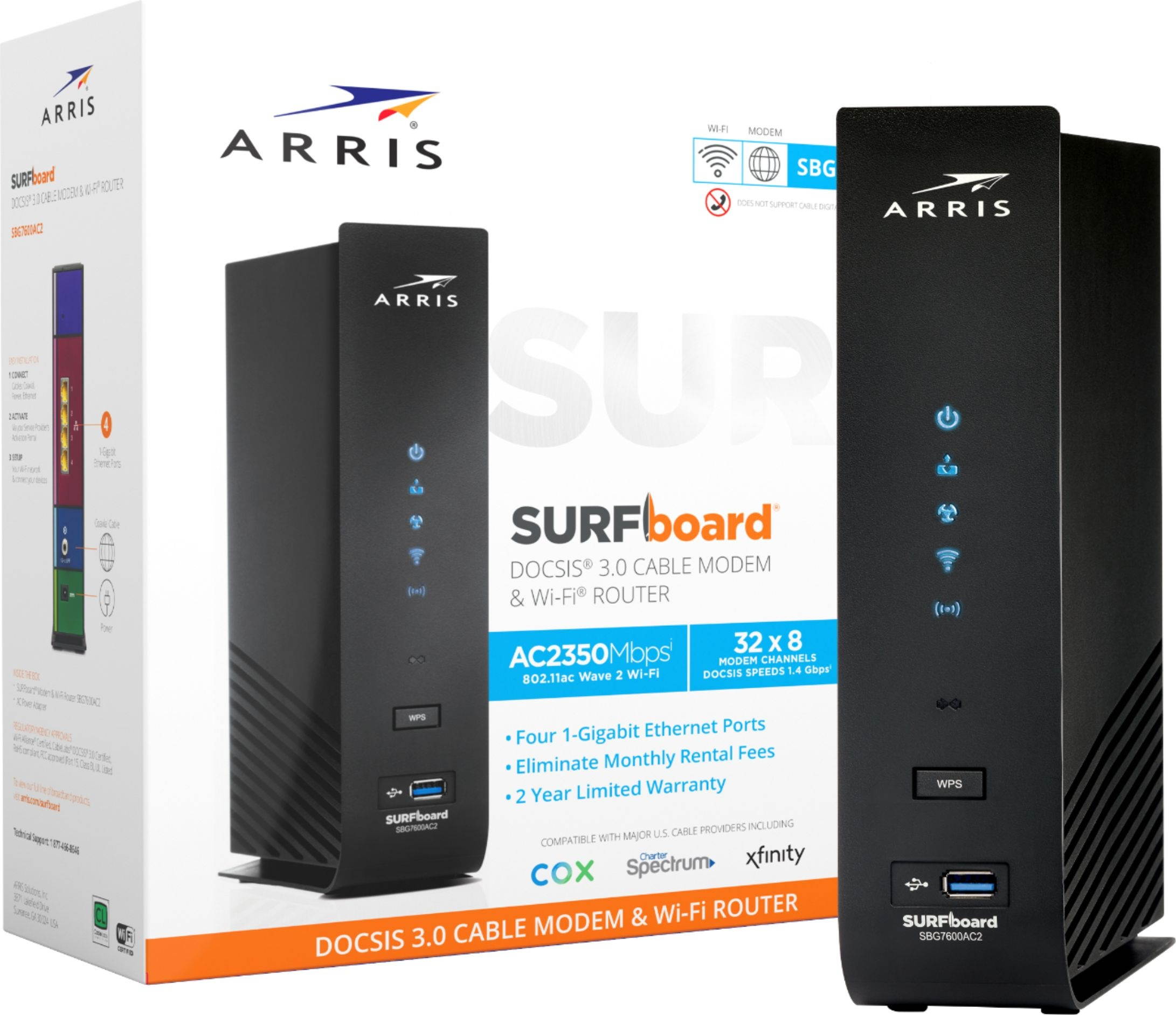 ARRIS - SURFboard Dual-Band AC2350 with 32 x 8 DOCSIS 3.0 Cable Modem - Black (SBG7600)