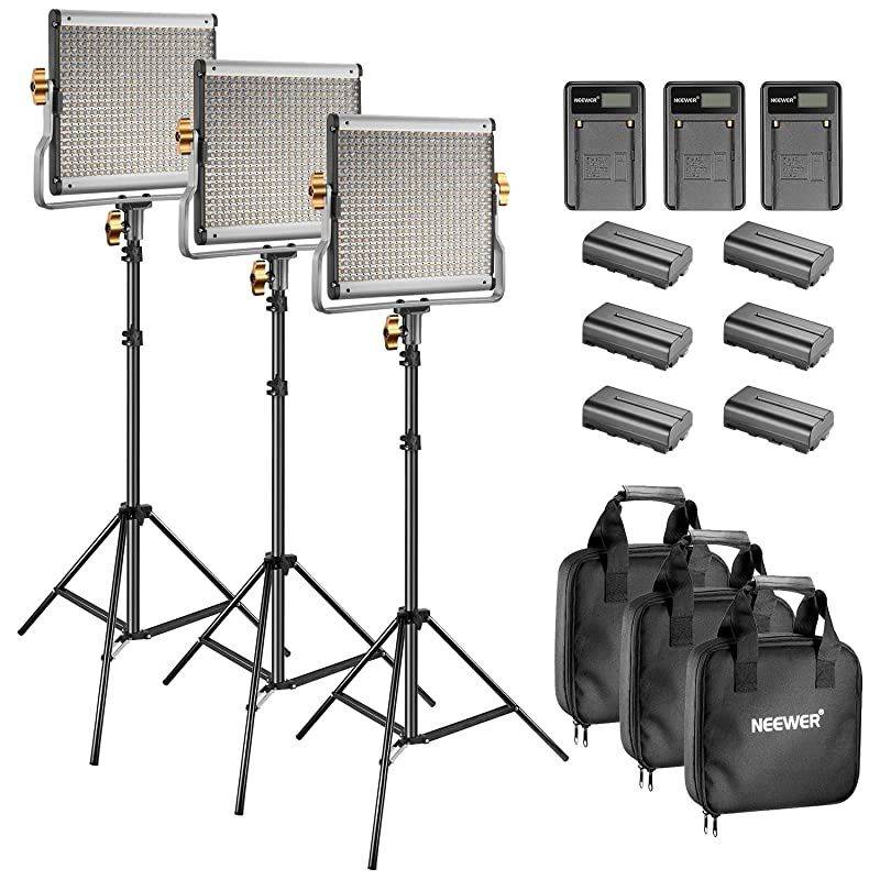 Bi-Color LED 480 Video Light and Stand Kit with Battery and Charger for Studio, YouTube Video Shooting, Durable Metal Frame, Dimmable with U Bracket, 3200-5600K, CRI 96+ (3 Pack)