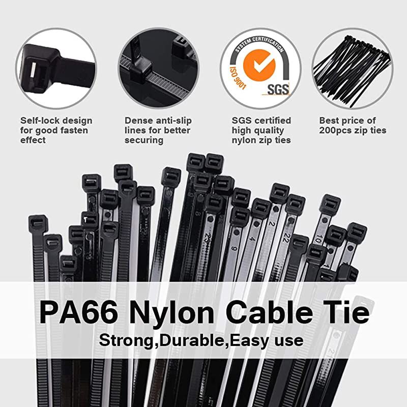 Ties Heavy Duty 12 Inch Actual 118 Inch Cable Ties Black Tie 200 Packs Wire Ties 120LB Tensile Strength UV Resistant PA66 Nylon ties 03 inch Wide and 006 Inch Thick