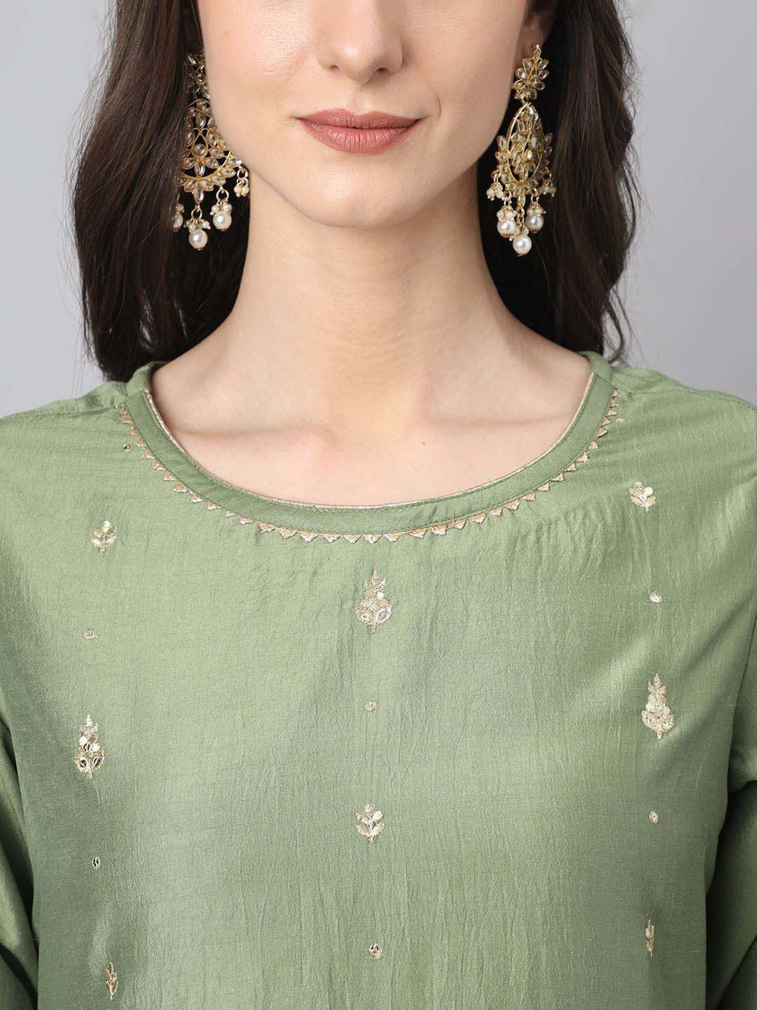 Janasya Green Embroidered Kurta & Pant Set With Dupatta